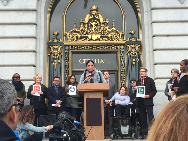 TLC Director of Programs Isa Noyola speaks at SF City Hall press conference