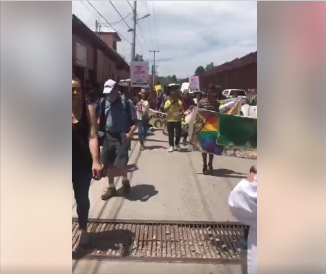 Image from livestream of the march to the border, broadcast from Transgender Law Center's Facebook page
