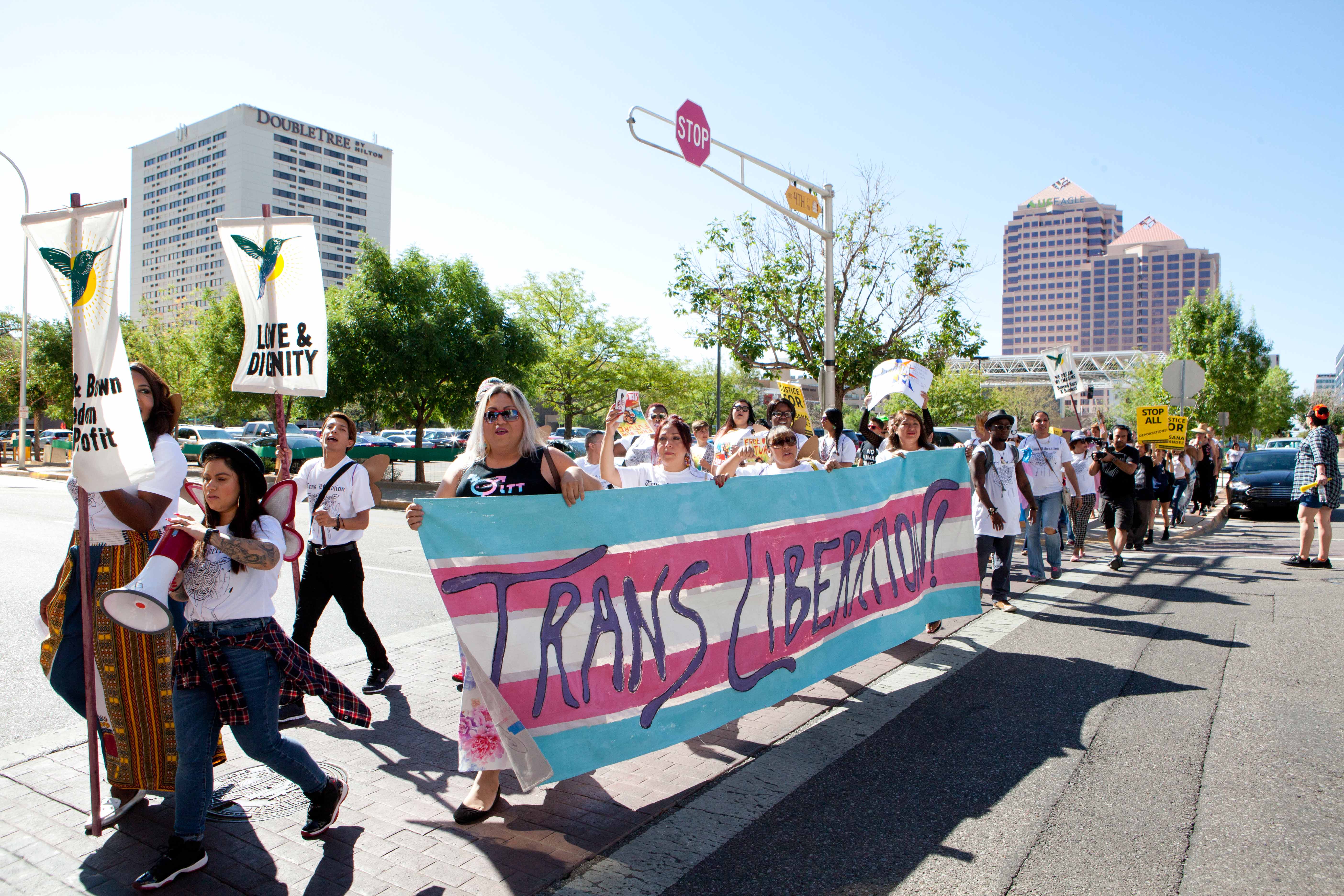 Line of Black and brown transgender people march with banner reading "Trans Liberation" and signs with hummingbirds and text "Love & Dignity" and "Black & Brown Freedom over Profit"