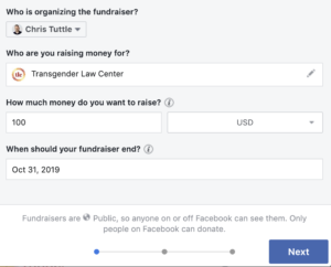 Image is a screengrab of a Facebook Fundraiser being setup, which includes the fundraiser title, description, goal, and ending date.