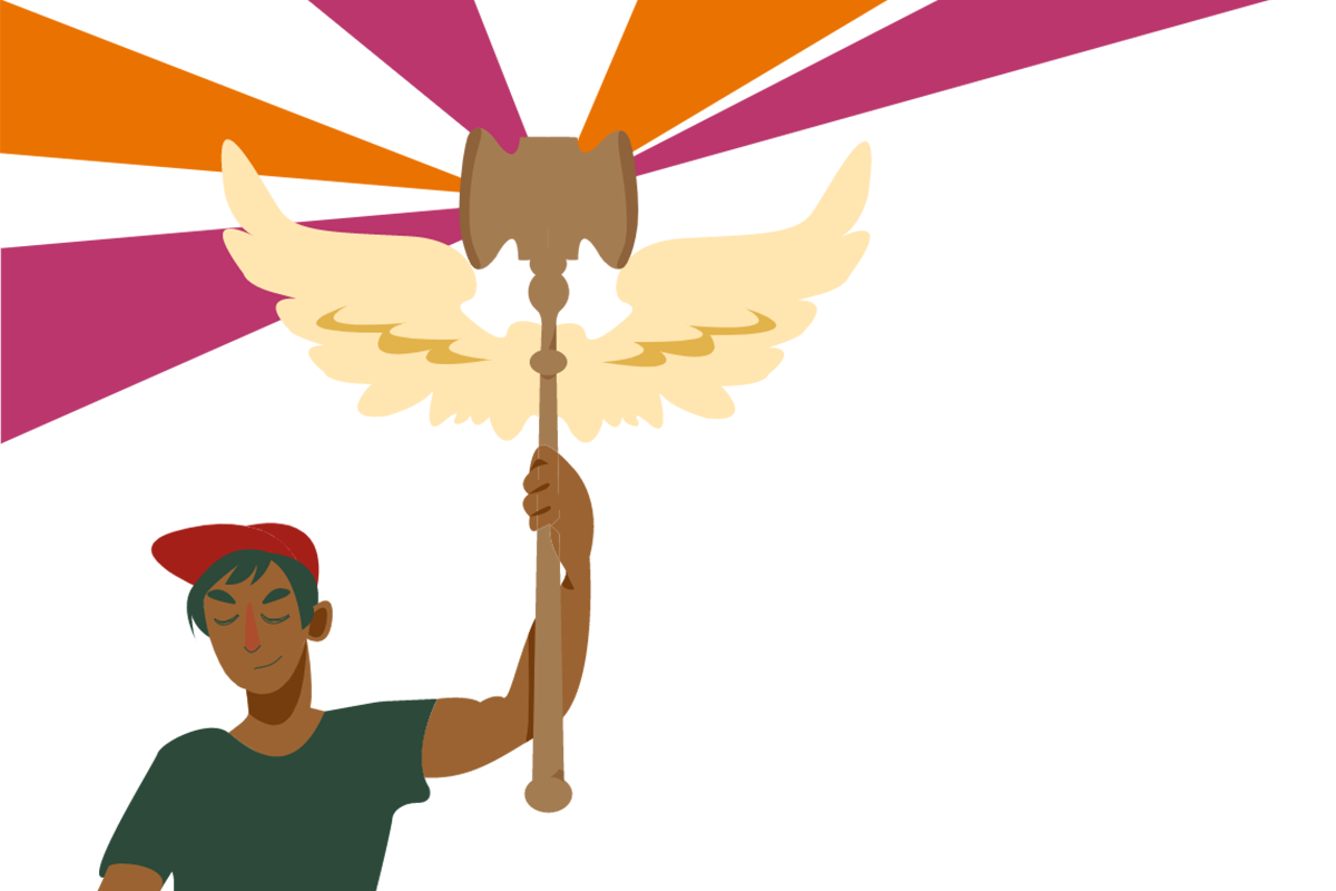 Illustrated person holding a staff with wings, orange and pink rays radiate from the staff's upper end