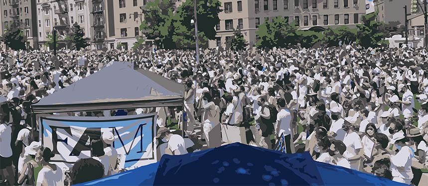 A sea of people dressed in white shirts at a protest.