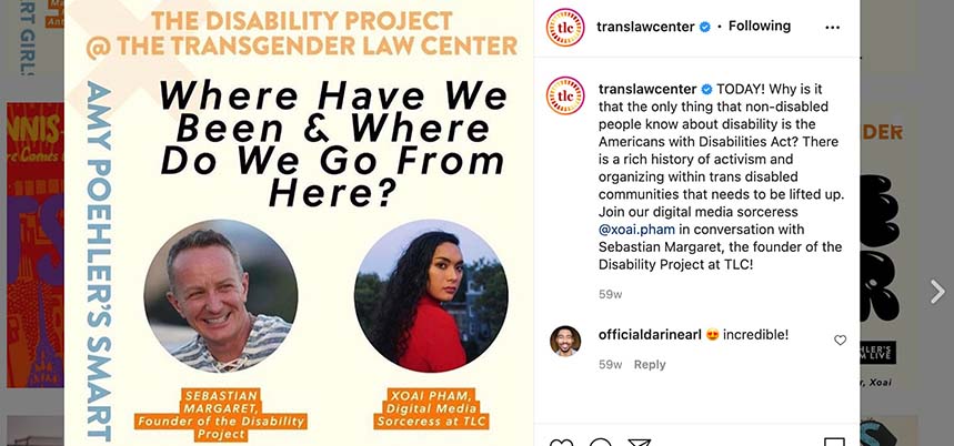tlc-2020ar-program-disability A screenshot of an instagram post advertising a conversation between Xoai Pham and Sebastian Margaret. The event was titled "Where Have We Been and Where Do We Go From Here?"