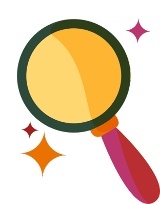 An illustrated image of a magnifying glass with a pink and orange handle; pink and orange decorative sparkles surround it