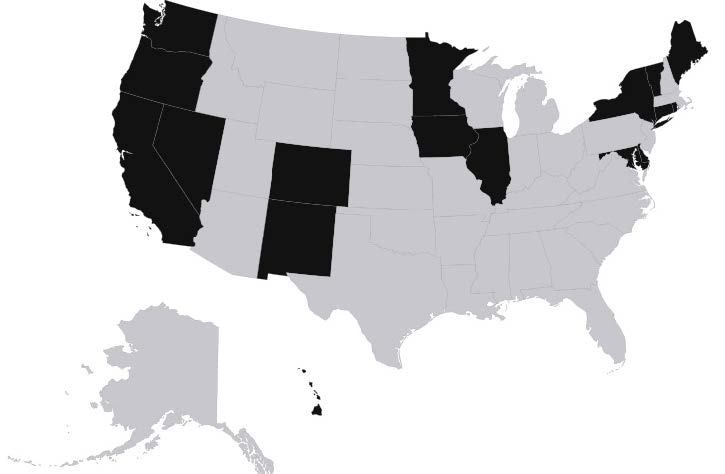 Grayed out map with the following states highlighted in black: California, Colorado, Connecticut, Delaware, District of Columbia, Hawaii, Illinois, Iowa, Maine, Maryland, Minnesota, New Jersey, New Mexico, Nevada, Oregon, Rhode Island, Vermont, and Washington