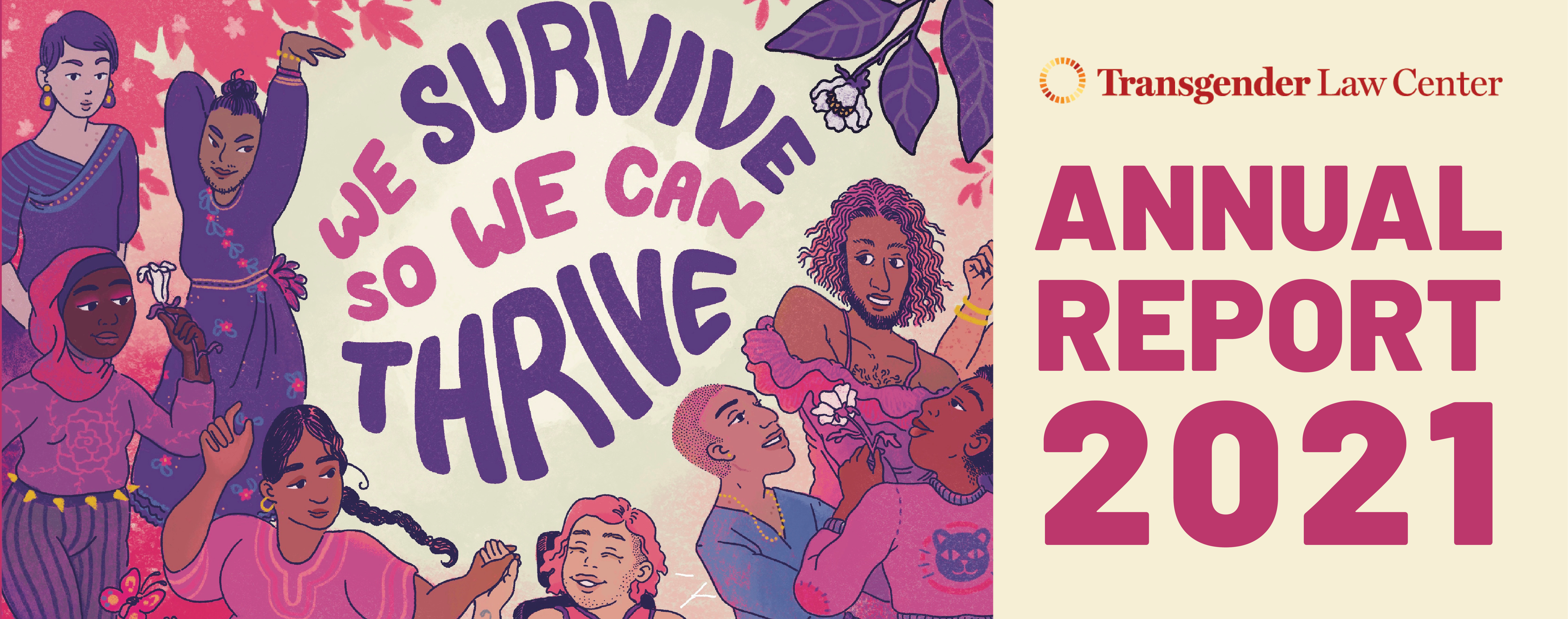 On the left, illustrated people of many genders and races surround text that reads "We survive so we can thrive." On the right, the TLC logo sits above large pink text reading "Annual Report 2021"