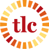 "tlc" written in red, lowercase font. Around this is a circle comprised of individual lines resembling a sun's rays. The rays are a color gradient, fading from red to orange to yellow as they make their way around the circle.