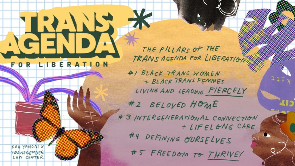 Trans Agenda for liberation. Text: The pillars of the Transagenda for Liberation. #1 Black trans woman + black Trans Femmes living and leading Fiercely. #2 Beloved home. #3 Intergenerational connection + lifelong care/ # Defining ourselves. # Freedom to thrive.