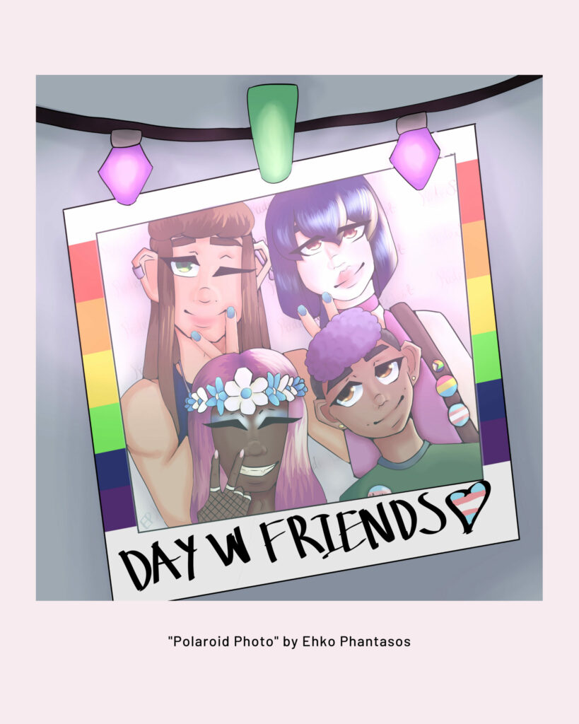 A polaroid photo of 4 people, with text below reading "Day W/ Friends"