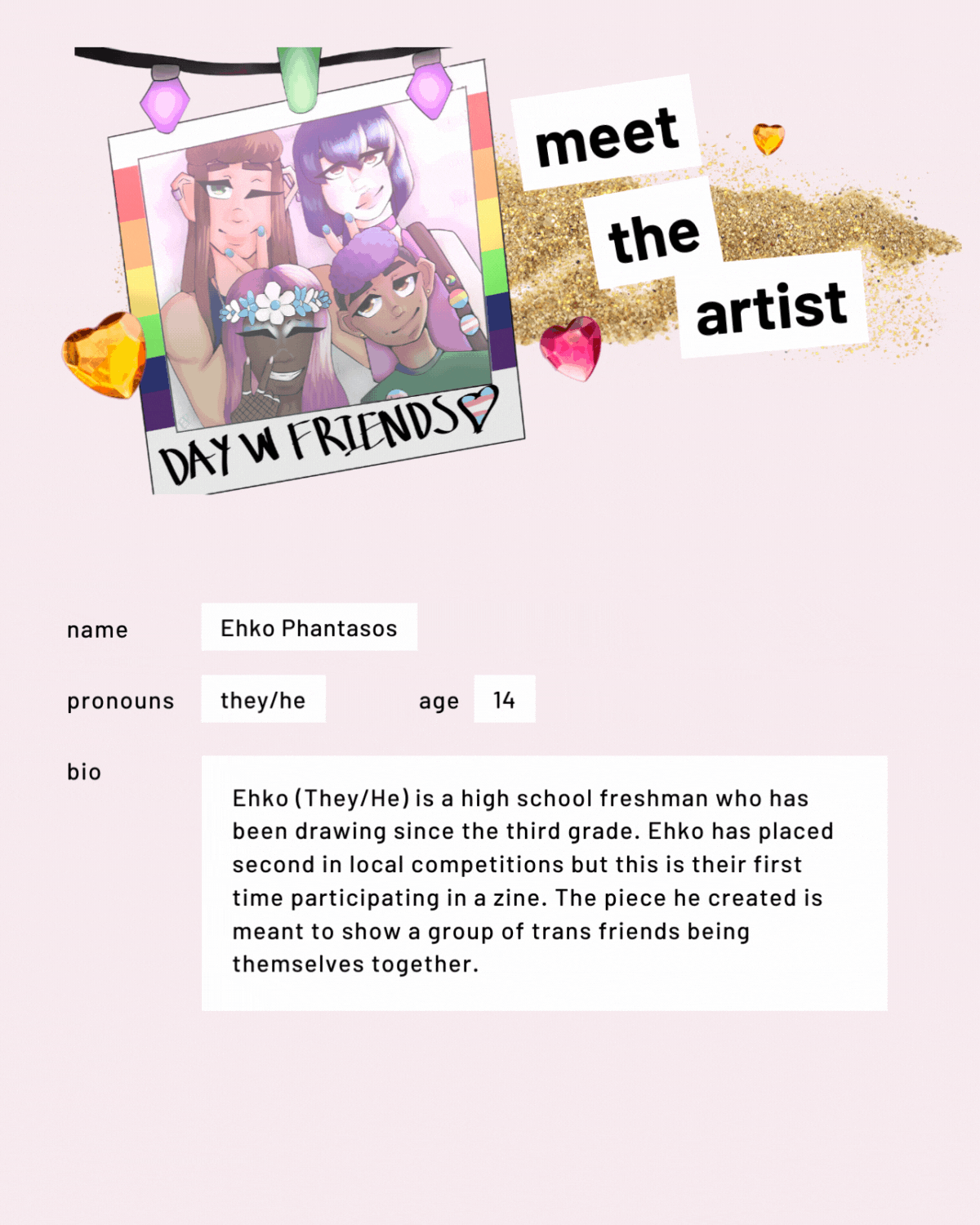 Meet the artist page with an illustrated polaroid photo. Text reads "Meet the artist. Name: Ehko Phantasos. Pronouns: they/he. Bio: Ehko (They/He) is a high school freshman who has been drawing since the third grade. Ehko has placed second in local competitions but this is their first time participating in a zine. The piece he created is meant to show a group of trans friends being themselves together.