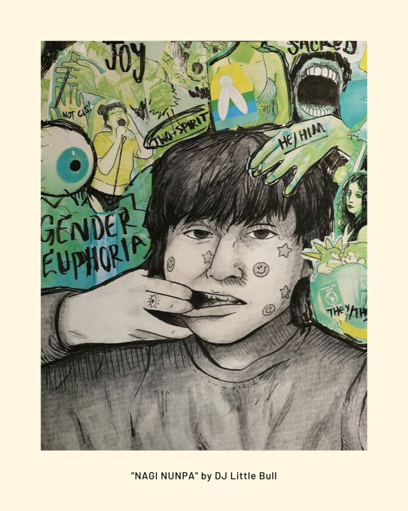 Collage artwork including a person's face. "Nagi Nunpa" by DJ Little Bull.