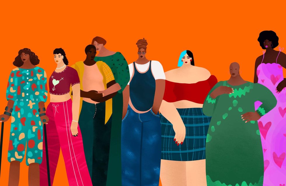 Illustrated image of 8 people of different ages, sizes, and skin tones. One person is using crutches, while two others embrace each other. Illustrator: Amir Khadar
