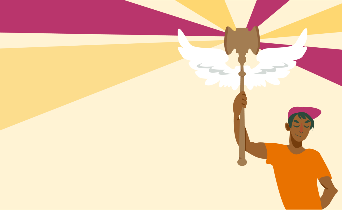Illustrated person holding a staff with wings, orange and pink rays radiate from the staff's upper end