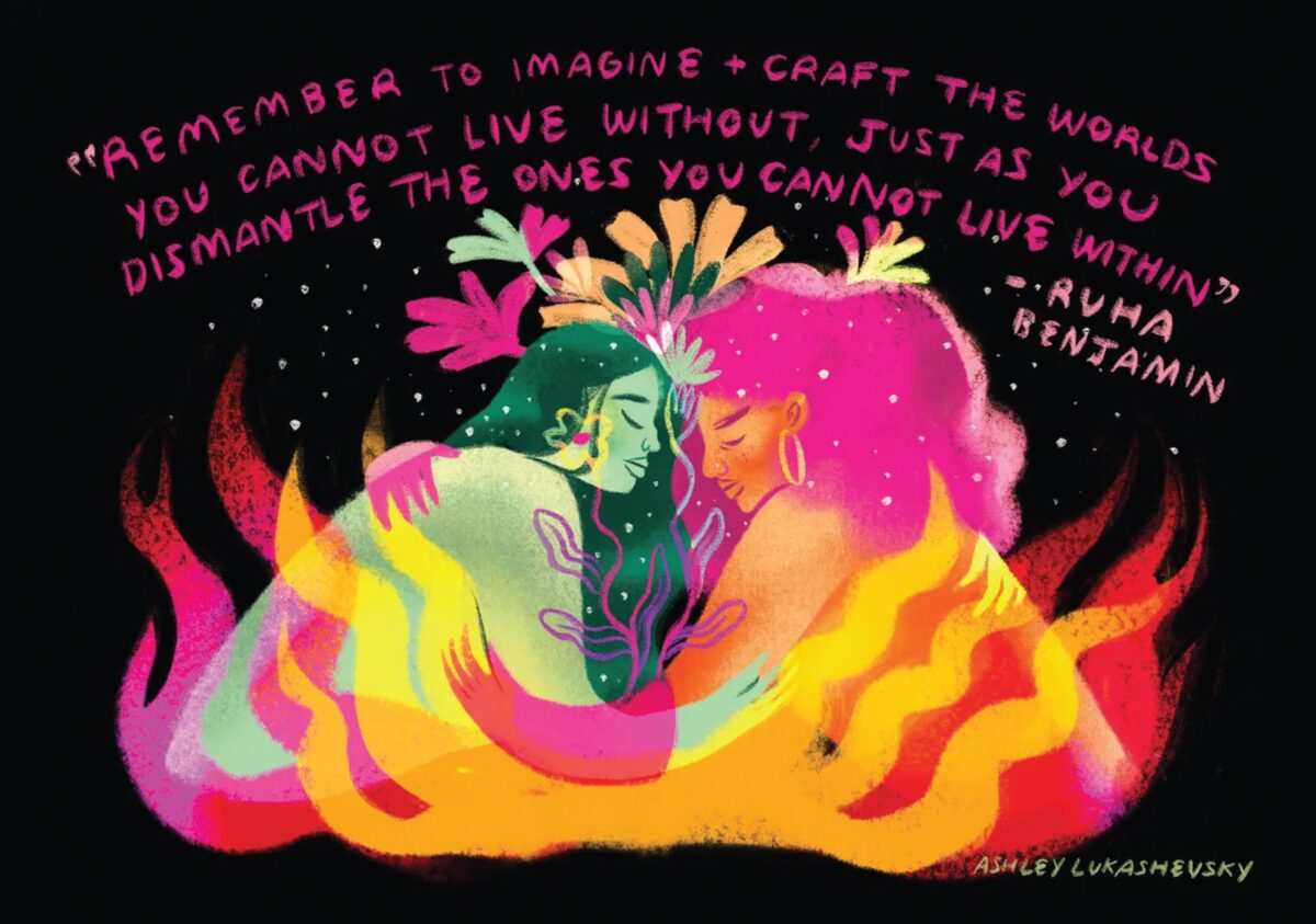 Image description: Black cover with a red Transgender Law Center logo and in pink Annual Report 2022. A quote from Ruha Benjamin in pink, "Remember to imagine + craft the worlds you cannot live without. Just as you dismantle the ones you cannot live within." Below an illustrated image in hues of pink, yellow, orange, and green of two people with long hair embracing, surrounded by flowers, leaves, and wispy flames. Illustration by Ashley Lukashevsky