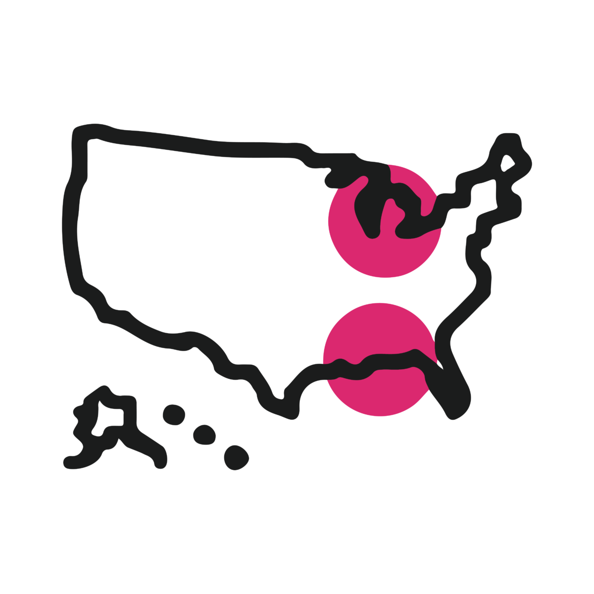 Illustration of a map of the U.S. and territories with pink circles in the midwestern and the southern states