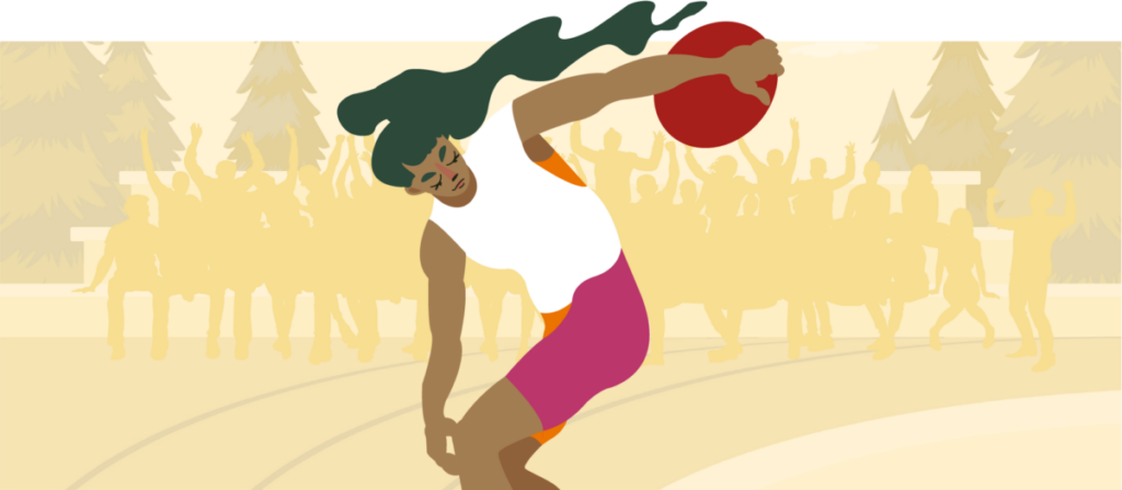 Illustrated person poised to throw a shotput