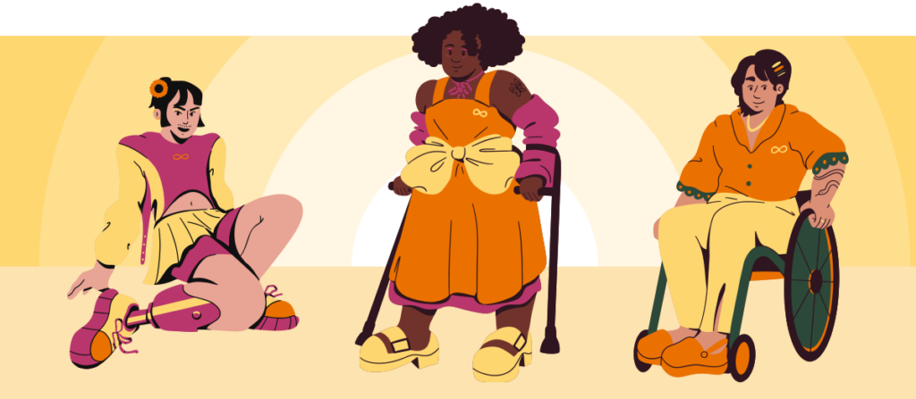 Three happy and confident individuals with disabilities.  One person has prosthetic legs and is sitting on the floor, another uses crutches to stand, and the third person is in a wheelchair.  All three wear colorful clothing with an infinity symbol on their shirts, and the warm yellow background with arches creates a welcoming and inclusive feeling.