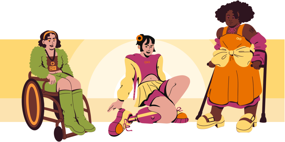 Three happy and confident individuals with disabilities. One person has prosthetic legs and is sitting on the floor, another uses crutches to stand, and the third person is in a wheelchair. All three wear colorful clothing with an infinity symbol on their shirts, and the warm yellow background with arches creates a welcoming and inclusive feeling.