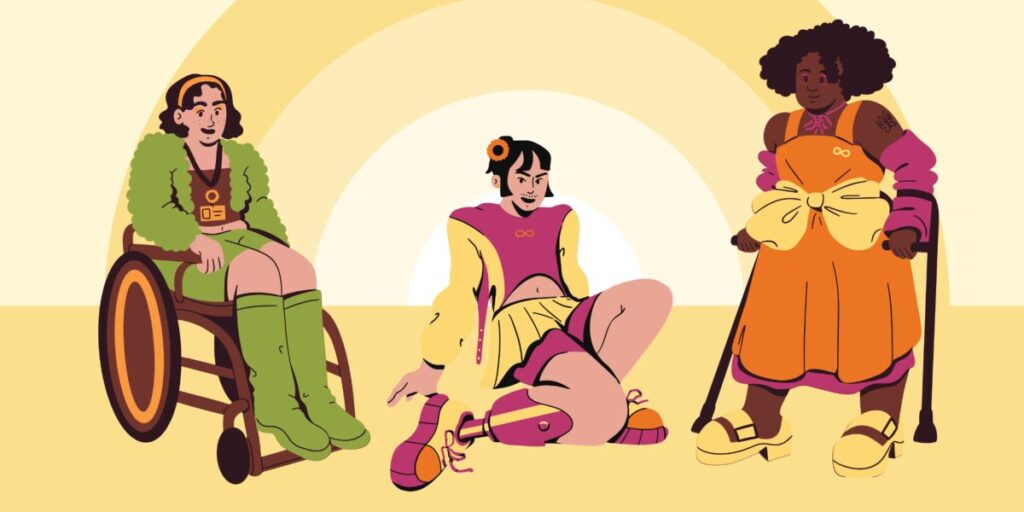 Three happy and confident individuals with disabilities.  One person has prosthetic legs and is sitting on the floor, another uses crutches to stand, and the third person is in a wheelchair.  All three wear colorful clothing with an infinity symbol on their shirts, and the warm yellow background with arches creates a welcoming and inclusive feeling.