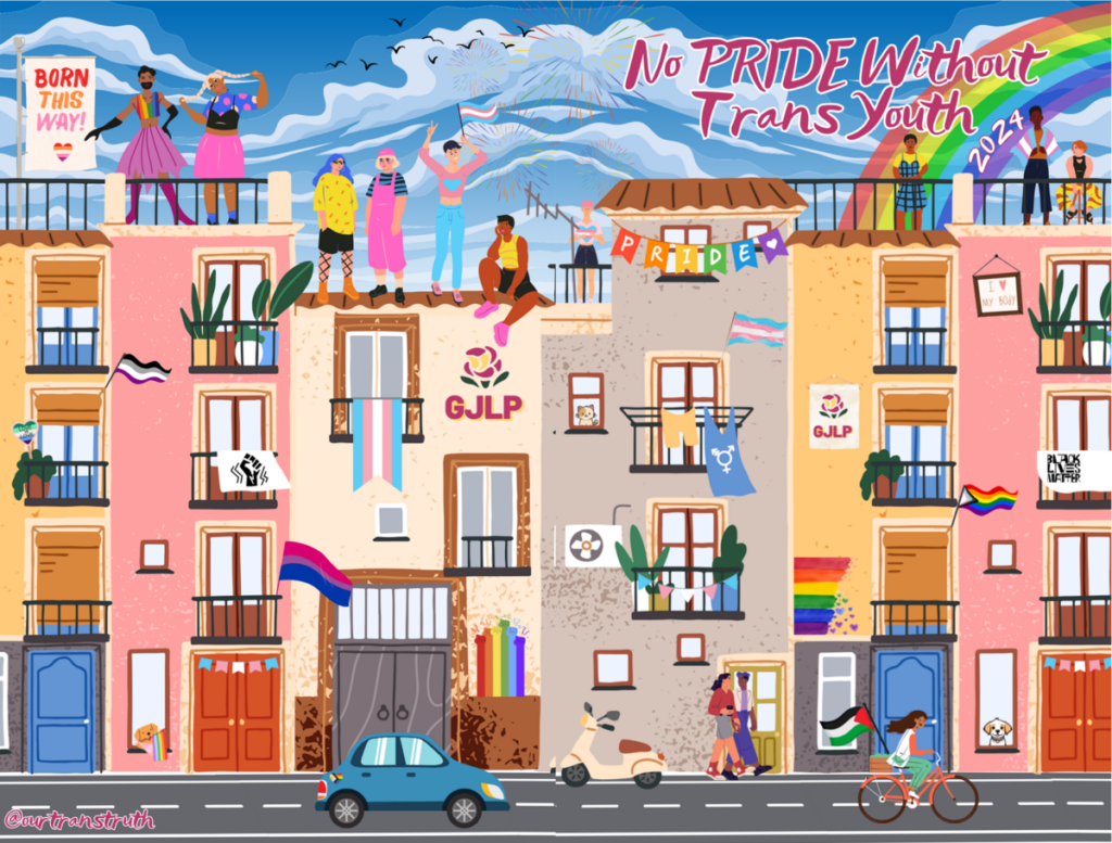 Colorful city buildings on a busy street populated with diverse, joyful activists flying LGBTQ+, transgender, bisexual, asexual, and Palestinian flags and banners that read “Born This Way,” “I love my body,” and the GJLP logo. Written in the sky is “No PRIDE Without Trans Youth.”