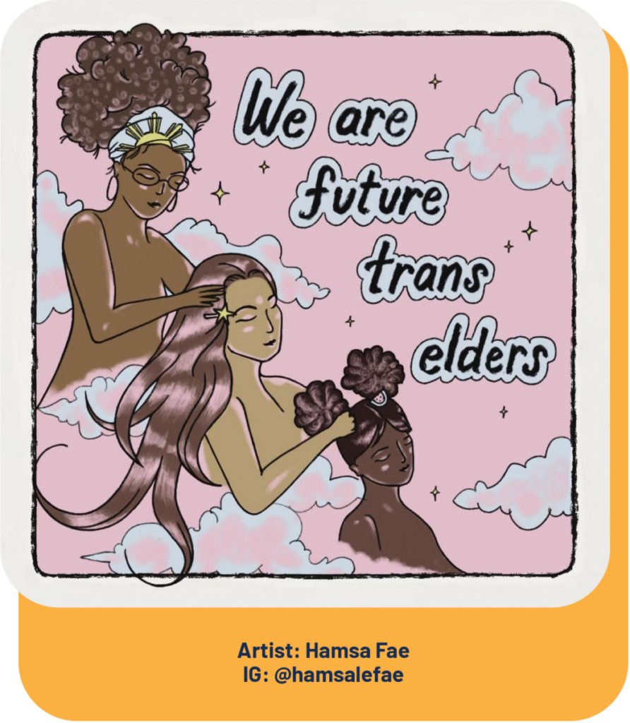 Three Black femmes sitting in a line, massaging each others’ scalps. Their torsos extend above a bed of pink clouds, set against a pink sky with yellow stars.