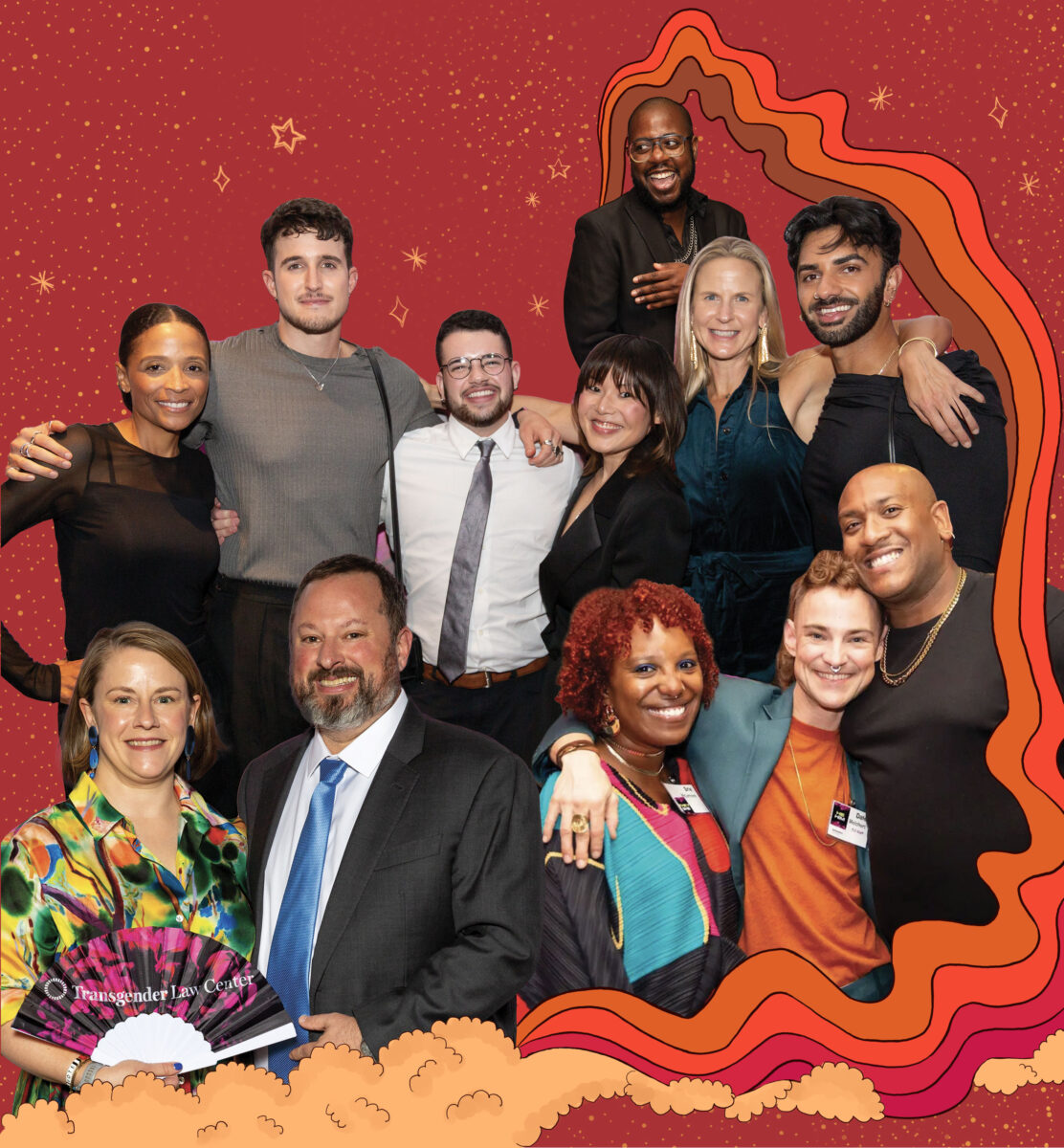 Dynamic collage of TLC supporters in colorful, fancy dress celebrating at the Spark fundraising event. They laugh and embrace one another and are wrapped in a rainbow ribbon and clouds on a red background, with golden stars raining gently upon them.