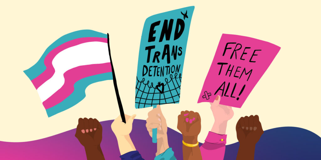 An illustration of hands and fists raised holding a trans pride flag and signs that say "End Trans Detention" and "Free Them All".