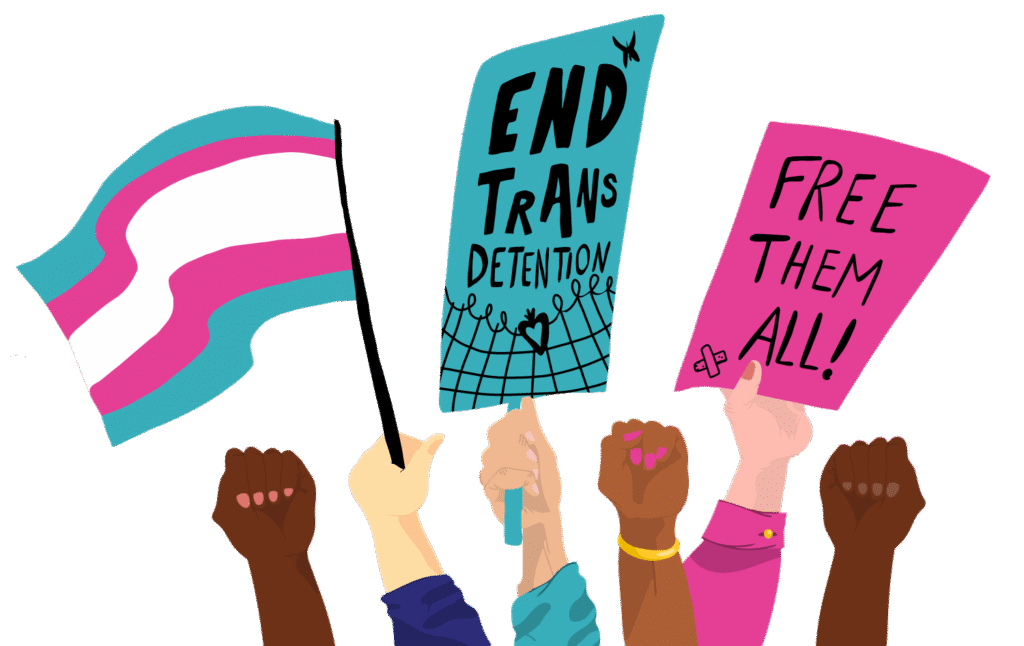 An illustration of hands and fists raised holding a trans pride flag and signs that say "End Trans Detention" and "Free Them All".