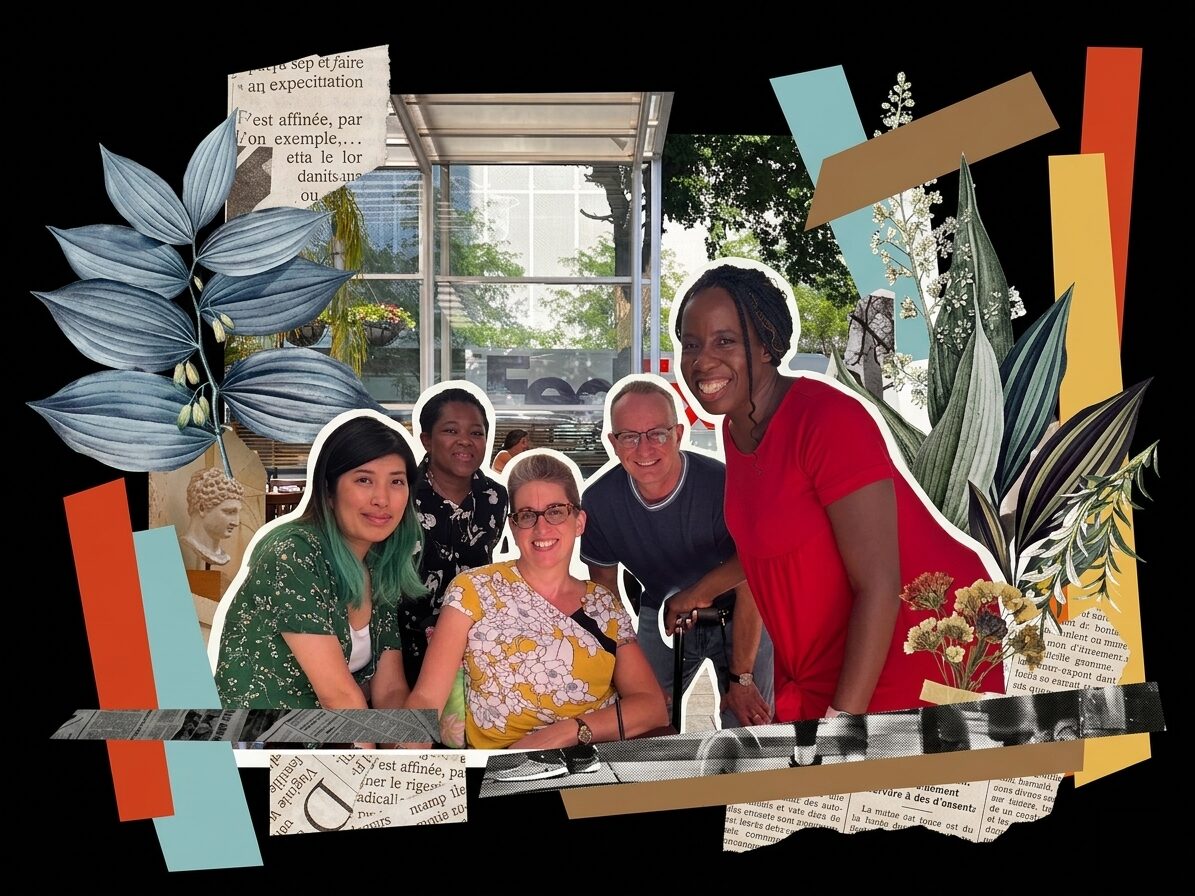 a group photo of five smiling people set against a stylish black background with layered decorative scrap-booking elements. From left to right in the central cutout photo: a person with teal/green hair in a green floral top, a person in a black floral blouse standing slightly behind, a person in a yellow floral dress with glasses positioned in front, a person with glasses in a dark blue t-shirt holding a cane, and a person in a bright red top on the far right. The group appears in a bright modern space with large windows and greenery visible behind them.