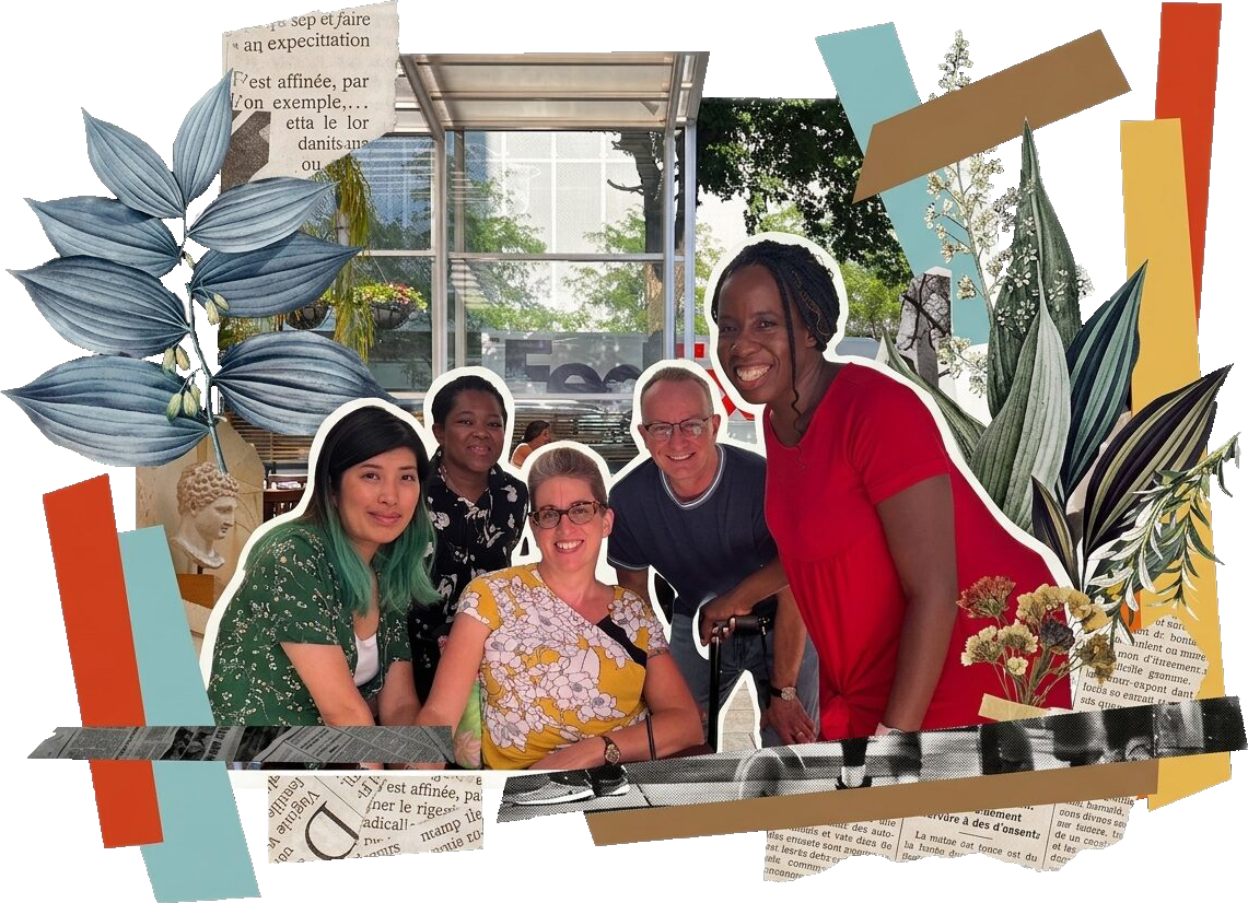 a group photo of five smiling people set against a stylish black background with layered decorative scrap-booking elements. From left to right in the central cutout photo: a person with teal/green hair in a green floral top, a person in a black floral blouse standing slightly behind, a person in a yellow floral dress with glasses positioned in front, a person with glasses in a dark blue t-shirt holding a cane, and a person in a bright red top on the far right. The group appears in a bright modern space with large windows and greenery visible behind them.